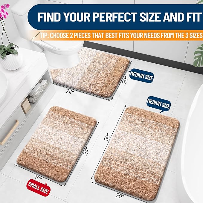 OLANLY Bathroom Rug Set 2 Piece, Soft Absorbent Microfiber Bath Mats and U-Shaped Contour Toilet Rug, Non-Slip, Machine Wash Dry, Plush Shaggy Bath Mats for Bathroom (30"x20"+24"x20", Beige)
