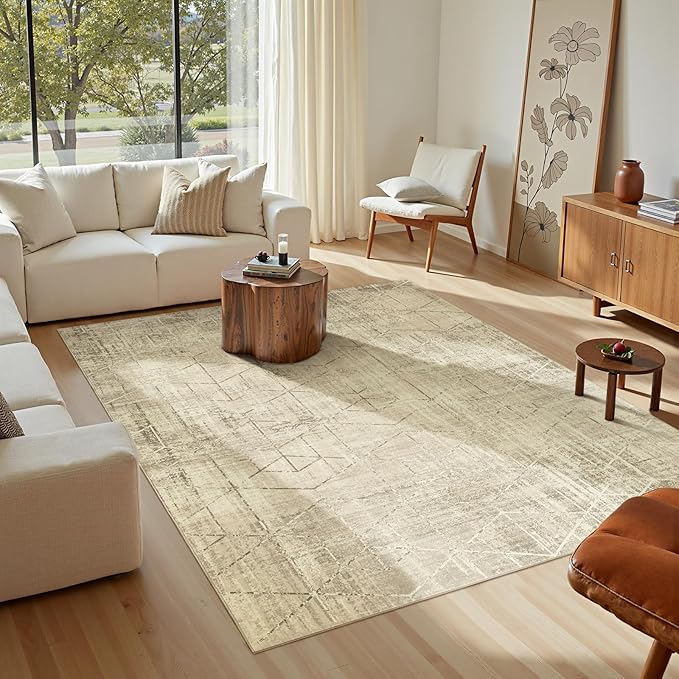 jinchan Moroccan 5x7 Area Rugs for Bedroom - Machine Washable Soft Modern Geometric Stain Resistant Non-Slip Ultra-Thin Low-Pile Faux Wool Carpet for Living Room Kitchen Dining Room (5x7ft, Taupe)