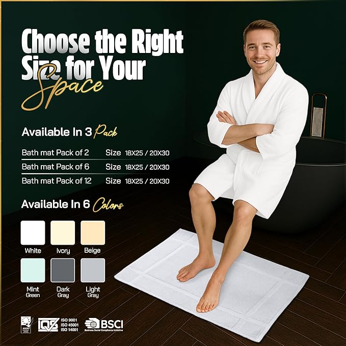 Pearl Linens Pack of 2 100% Cotton Bath Mat 20x30 inches, Soft & Absorbent Quick Dry Bathroom Mat Set, Not Bathroom Rugs, After Shower Mat, Bath Tub Mat, 687 GSM, Machine Washable, White