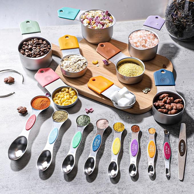 Magnetic Measuring Cups and Spoons Set of 17 Stainless Steel Measuring Cups & Double Sided Magnetic Measuring Spoons with 1 Leveler for Dry and Liquid Ingredients