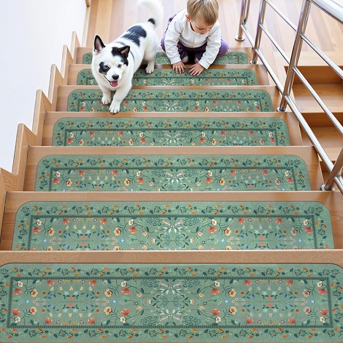 OJIA Floral Stair Treads Non-Slip Stair Runner for Wooden Steps Indoor 15PCS 30"x8" Carpet Stair Treads Stair Mats Staircase Step Treads for Kids, Elders and Dogs, Stair Covers, Green