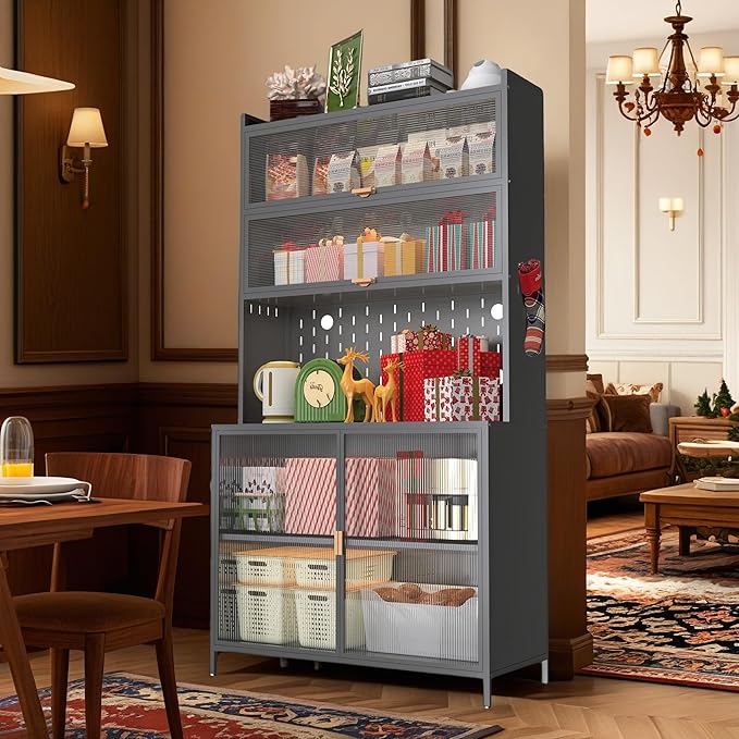 73'' Tall Kitchen Pantry Cabine, 6 Level Flip Door with Pegboard Spacious, Adjustable & Stylish Metal Pantry Storage Cabinet, Anti-Tip Design Hutch for Kitchen Dining Room Living Room, Gray