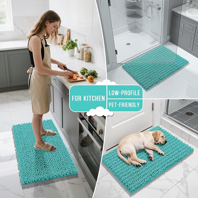 Yimobra Bathroom Rugs Non Slip Washable 32x20 Inch - Ultra Soft Absorbent Chenille Bath Mat, Quick Dry Shaggy Floor Carpet for Tub Shower, Lake Blue Home Decor Accessories