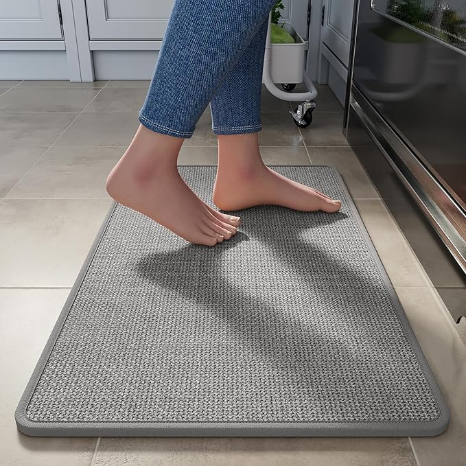 Kitchen Rugs Mat Non Slip Washable, Linen-Look 0.3" Thick Soft Cushioned Absorbent Kitchen Mats for Floor, Mild Anti-Fatigue Runner Rug Sink Mat Laundry Standing Mats, Easy Clean, Gray 17"x30"