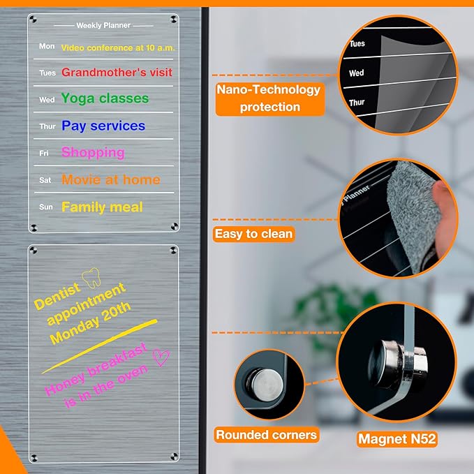 Acrylic Magnetic Dry Erase Calendar Board for Fridge - 2 Pack Weekly Planner Organizer and a Clear Whiteboard with Scratch Resistant Technology. 6 Markers, Case, Cloth, Protectors, & Hook. SPLANDIN