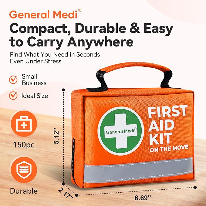General Medi First Aid Kit - 150 Pieces Small Compact First Aid Kit Bag - Includes Instant Cold Pack, Emergency Blanket for Travel, Home, Office, Vehicle, Camping（Orange）