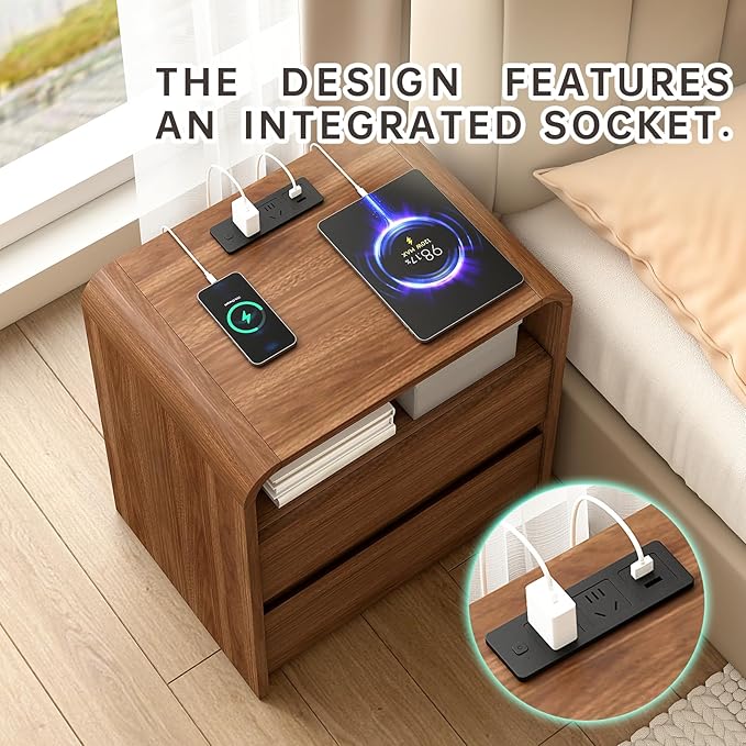 Walnut Nightstand with Charging Station, 21 Inch Wide Night Stand with Deep Drawers, Modern Bedroom Bedside End Table with Rounded Corners Anti-Collision Design for Dorm, Sofa, Office