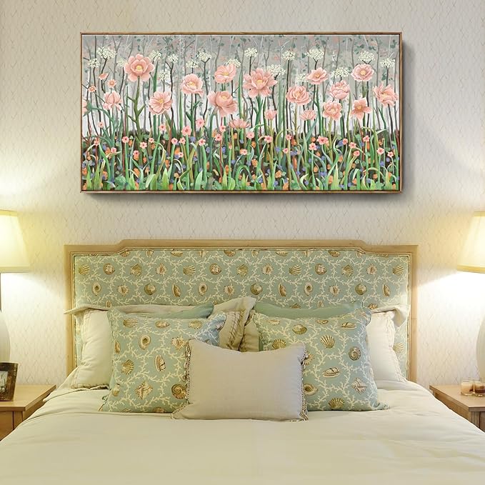 amatop Large Botanical Wall Art - Modern Floral Canvas Print, Pale Pink and Green Abstract Wildflower Oversized Framed Artwork for Living Room, Bedroom, Office Wall Decor (58x29 in)