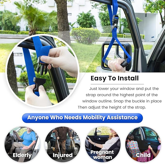 E-cowlboy Auto Cane Grab Handle - Adjustable Standing Aid Safety Portable Vehicle Support Bar With Nylon Grip - Mobility Assist Device (Blue 2 Pack)