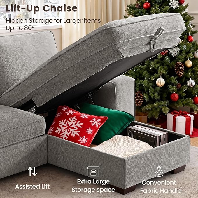 PARKOL 99" L-Shaped Sectional Couch with Storage, Sofa with Reversible Chaise, USB Type-C Charging, Chenille Fabric, Removable Cushion Covers, for Small Space, Apartment, Living Room, Light Gray