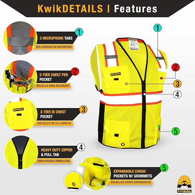 KwikSafety - Charlotte, NC - BIG KAHUNA Safety Vest [2 Pack] Class 2 ANSI OSHA Reflective Vest Durable High Visibility Vest Construction Safety Vest for Men Industrial Work Gear/Yellow Large