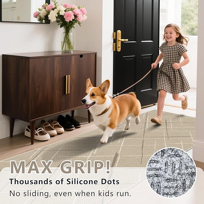 Modern Line Washable Runner Rug 2x6, Beige Non-Slip Hallway Rug, Woven Non-Shedding Thin Runners for Entryway, Kitchen, Laundry Room