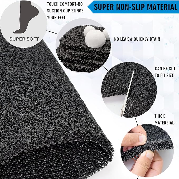 godehone Shower Mats Non Slip Without Suction Cups, PVC Loofah Bathroom Mats, Loofah Mats for Shower and Bathroom, Quick Drying, 15.7× 36 Inch, Black