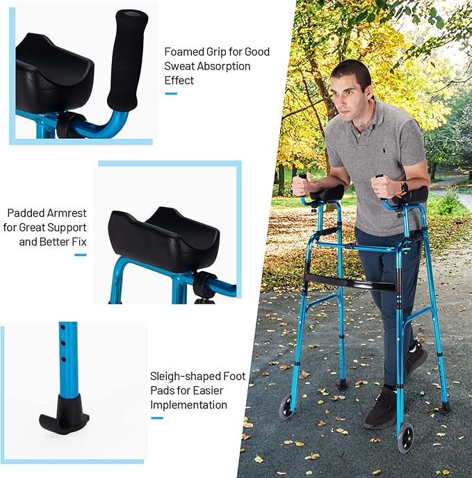 Goplus Walkers for Seniors, Foldable Standard Walker with 5’’ Wheels and Removable Padded Armrests 440lbs, Lightweight Walking Mobility Aid, Folding Platform Walker for Elderly, Handicap, Disabled