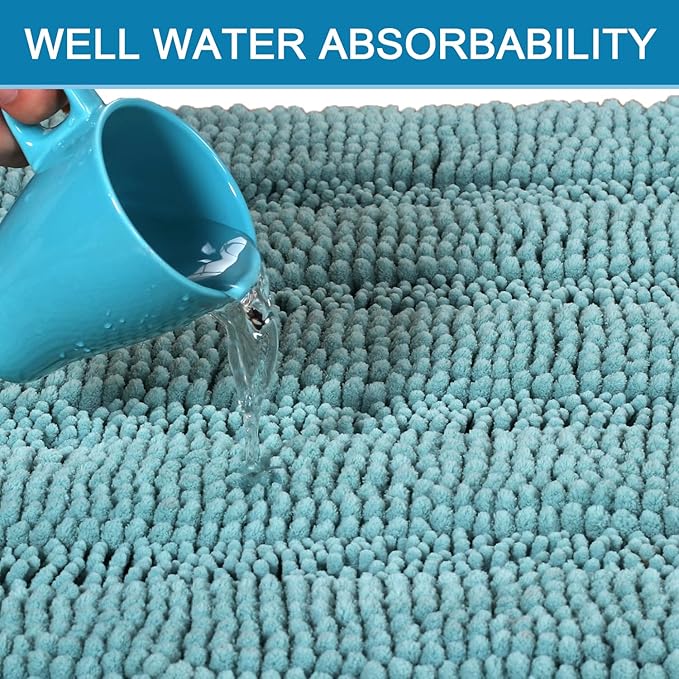 H.VERSAILTEX Bathroom Rugs Bath Mats Sets Super Absorbent Chenille Striped Bath Mats Non Skid Machine Wash Dry Rugs for Bathroom Floor Set of 2(Aqua Haze, 24 x 36 Plus 20 x 32 - Inches)