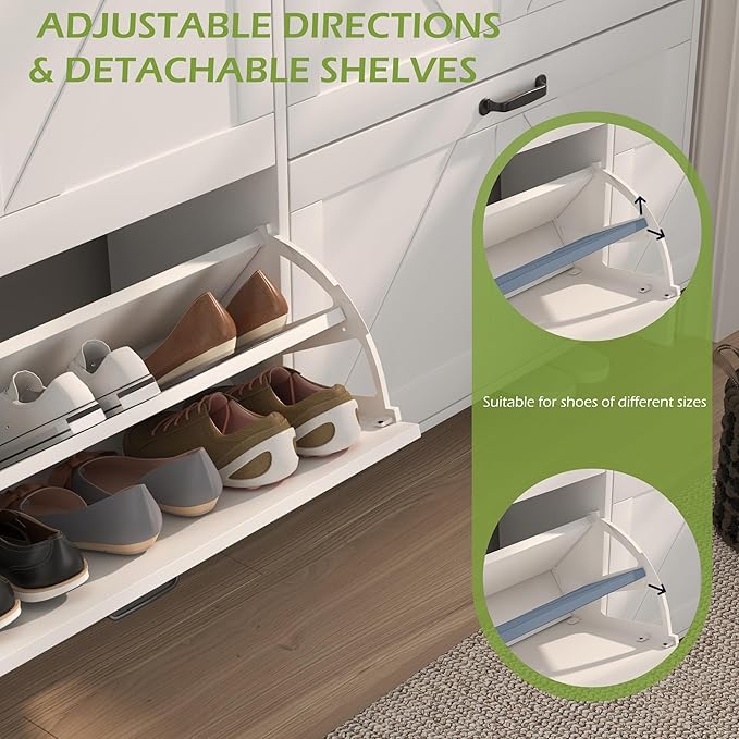 Shoe Storage Cabinet with 4 Flip-Drawers, 46 Inch Narrow Farmhouse Shoe Organizer with Metal Handles & Adjustable Shelves, Freestanding Shoe Rack Cabinet for Entryway, Hallway (White)