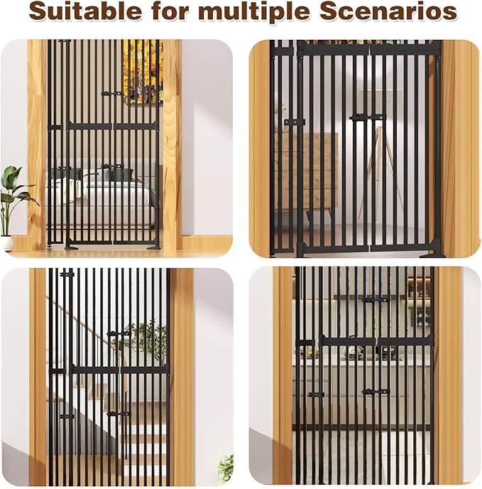 74.8"-90.5" Extra Tall Cat Gate for Doorway, Auto‑Close, No‑Drill Pressure‑Mount with 3 Support Pillars & Double‑Door, Fits 30.3–38.2″ Openings, 1.37″ Narrow Gap, Extension Kit Included, Black