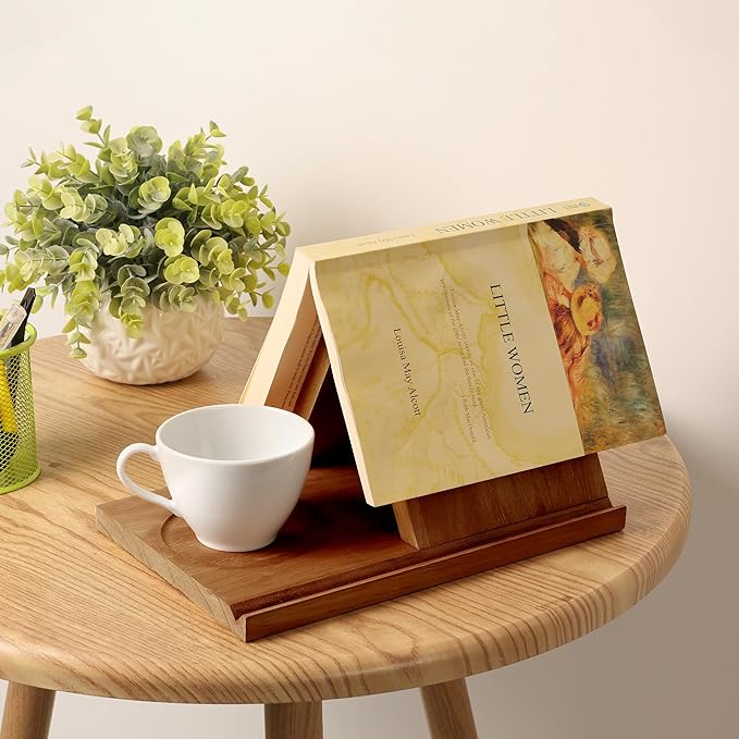 Wooden Triangle Bookmark, Small Bookshelf with Drink Holder, Wood Book Reading Rest with Slotted, Book Corner Display Triangle Book Holder (Brown)