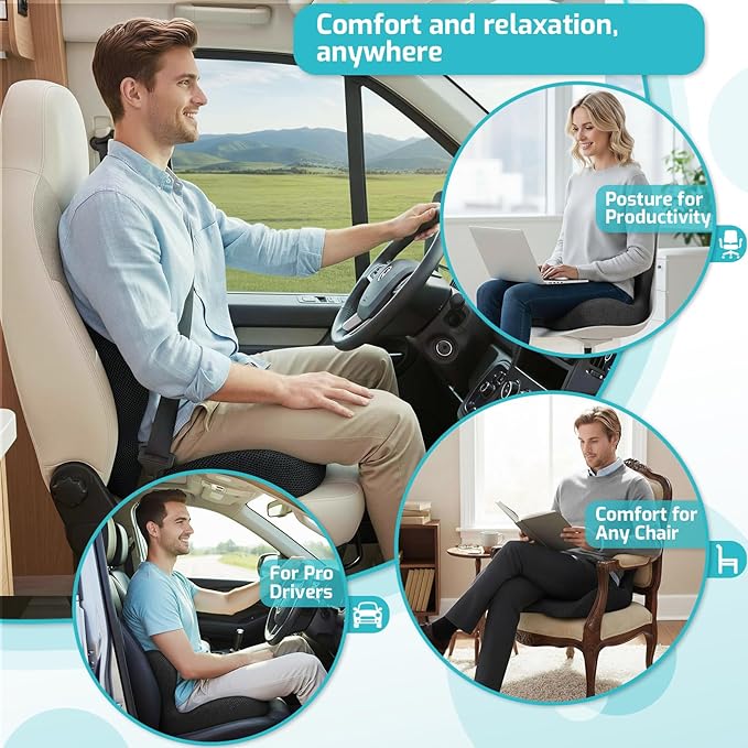 Trucker Seat Cushion, Car Seat Cushions with Lumbar Support Pillow, Ergonomic L-Shaped One Piece Memory Foam Pad for Long Driving Back Pain Sciatica Relief, Drivers Office Workers (Black+Ice Silk)