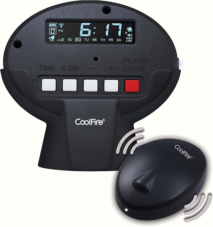 Coolfire – Vibrating Alarm Clock for Heavy Sleepers | Auto Set Bed Shaker Super Loud Alarm Clock Under Pillow | Auto Set, Auto DST | Cordless Rechargeable, Hearing Impaired, LCD Backlight