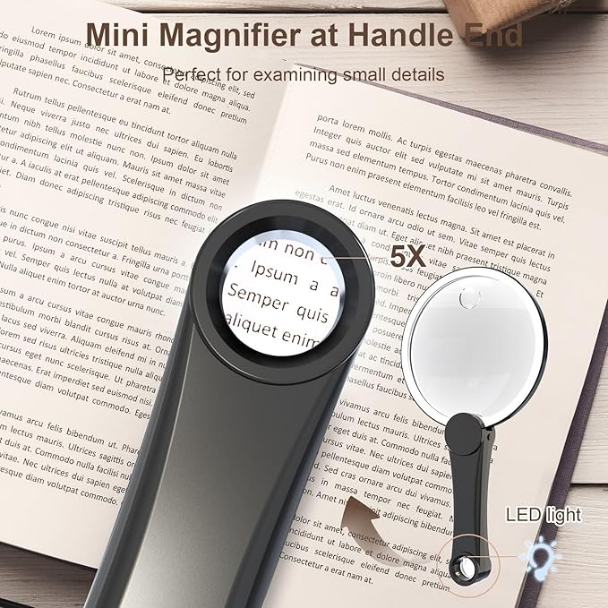 IMICHI Large 5.12" Handheld Magnifying Glass 10X/20X Lens with Eye-Care Anti-Flicker LEDs – 3 Adjustable Light Modes, Rechargeable – Perfect for Seniors, Low Vision, Reading, Crafts, Jewelry Repair