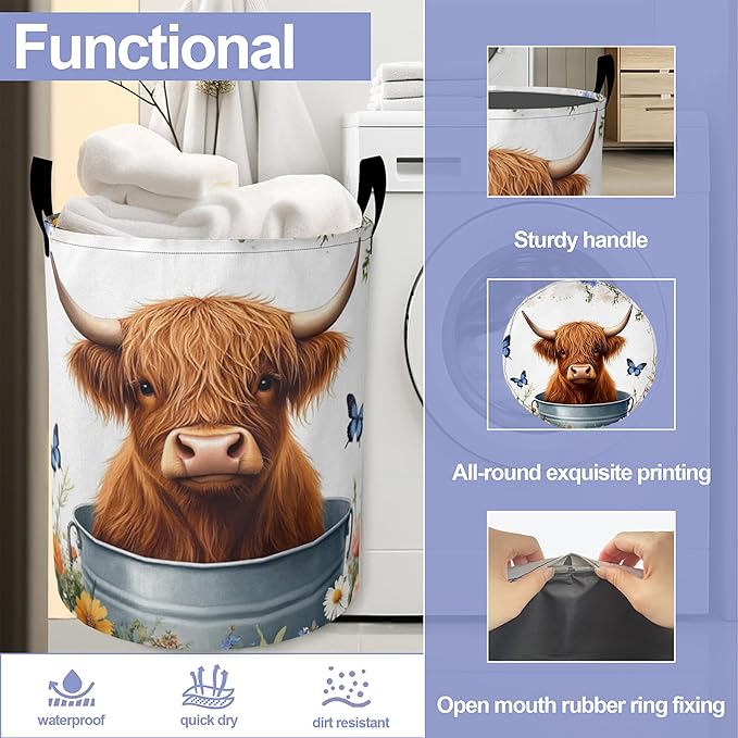 Cute Highland Cattle Laundry Basket, Butterfly Oxford Cloth Laundry Hamper With Handle Foldable Portable Clothes Storage Basket Storage Bag For Laundry Room/Bathroom/Bedroom/Dormitories