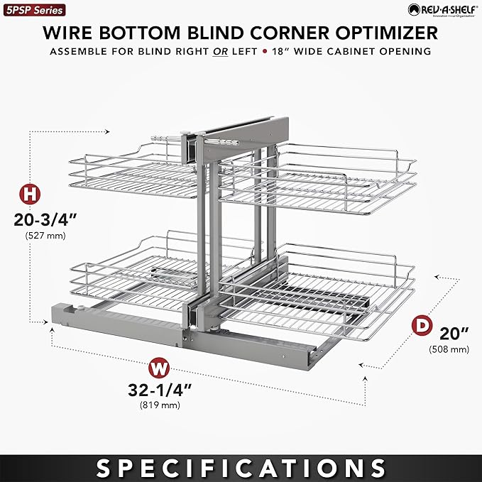 Rev-A-Shelf Dual Tier Pullout Shelf Storage Organizer for Blind Corner Kitchen or Bathroom Cabinets,18", 4 Shelves, Silver, 5PSP-18-CR
