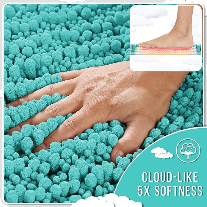 Yimobra Bathroom Rugs Non Slip Washable - Ultra Soft Absorbent Chenille Bath Mat, Quick Dry Shaggy Floor Carpet for Tub Shower, Lake Blue Home Decor Accessories, 24x17 Inch