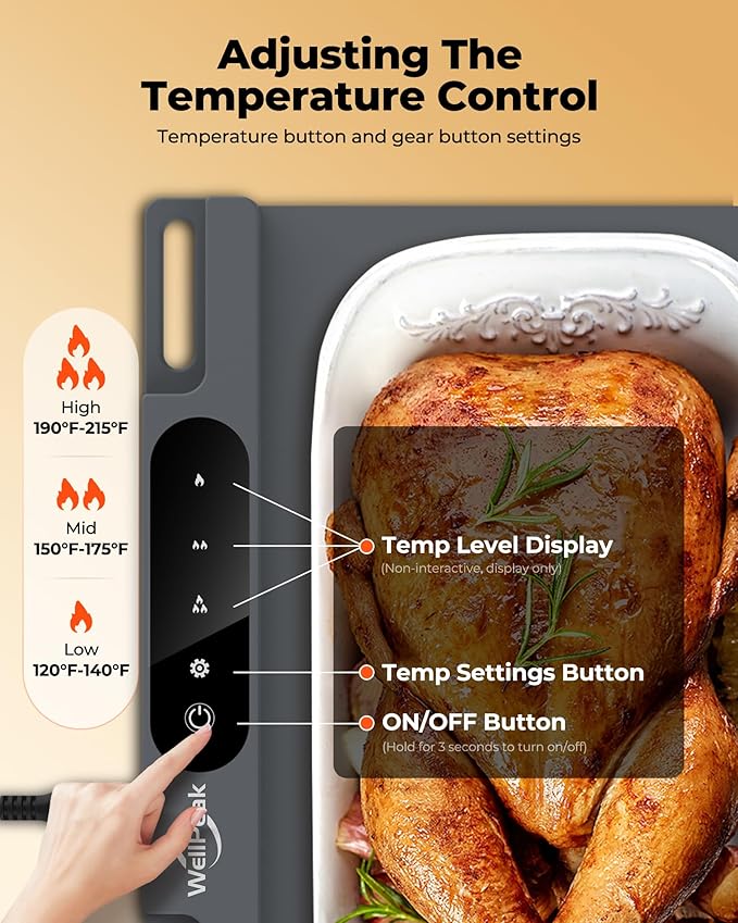 Electric Warming Mat for Food (2-Pack)-Full Surface Fast Heating Silicone Warmer Tray with 3-Level Temperature, Auto-Off, Raised Feet for Table Protection for Gatherings, Parties,Home Buffets