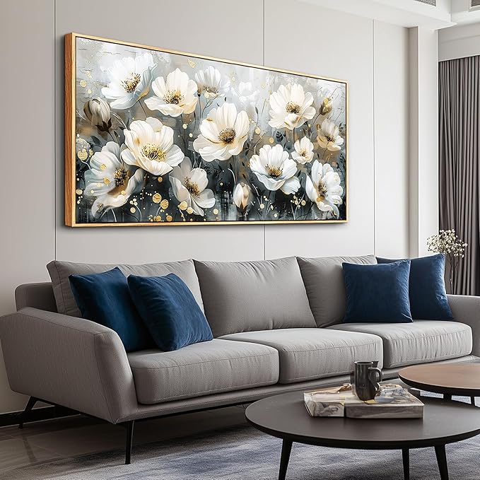 PHAOHUAXM Large Canvas Wall Decor For Living Room Wall Art For Bedroom Office Wall Decorations Print White Ink-Wash Flower-Shaped Wooden Frame Artwork Stretched and Frame Posters Home Decor 24"X48"