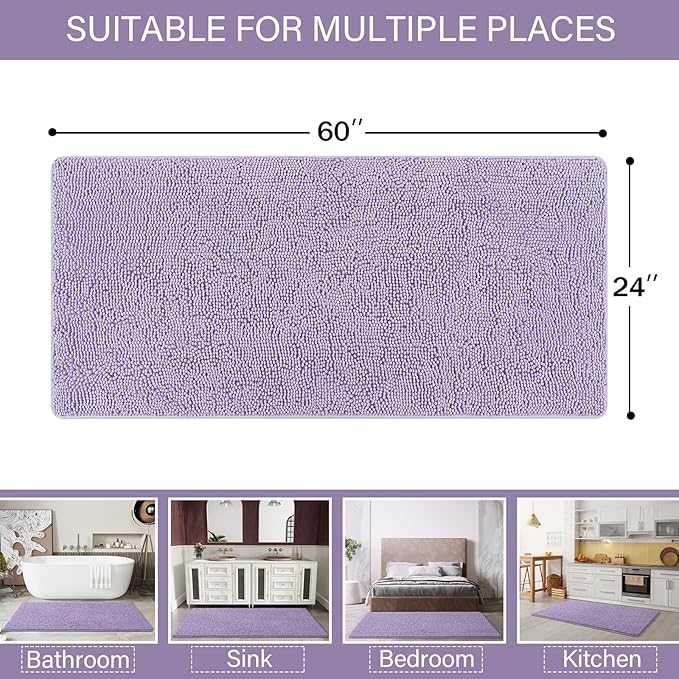 LOCHAS Luxury Bathroom Rug Shaggy Bath Mat 24 x 60 Inch, Washable Non Slip Bath Rugs for Bathroom Shower, Soft Plush Chenille Absorbent Carpets Mats, Light Purple