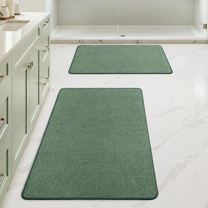 MIULEE Christmas Green Set of 2 Ultra Thin Bathroom Rugs, Rubber Bath Mats for Bathroom Non Slip, Quick Dry Absorbent Bath Rug Machine Washable, Fit Under Door, Shower, Sink, Decor, 17"x27"+20"x32"