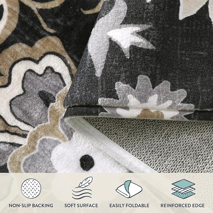 Lahome Floral Black Washable Area Rug 4x6, Non-Slip Ultra-Thin Soft Accent Stain Resistant Indoor Area Rug, Paisley Print Carpet for Bedroom, Living Room, Entryway, Kitchen, Laundry