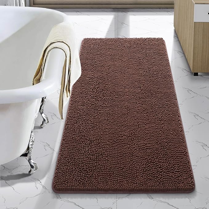 LOCHAS Luxury Bathroom Rug Shaggy Bath Mat 24 x 48 Inch, Washable Non Slip Bath Rugs for Bathroom Shower, Soft Plush Chenille Absorbent Carpets Mats, Brown