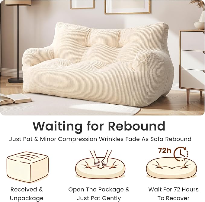 59" Bean Bag Chair,2 Seat Loveseat Sofa,Corduroy Lazy Sofa Bed for Adults,Fit Living Room, Bedroom,Outdoor Spaces,Ultra Soft Dutch Velvet,Fluffy Comfort Washable Cover,72h Rebound,White