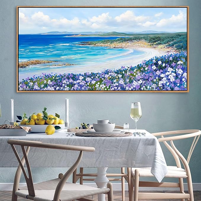 Mofutinpo Coastal Beach Wall Art Large Purple Flower Landscape Canvas Wall Art for Living Room & Bedroom Decor, Framed Blue Beach Pictures & Paintings for Walls,Ocean Artwork for Home & Office 20x40IN