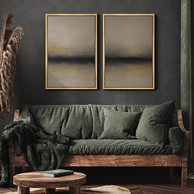 MUDECOR Framed Canvas Print Wall Art Abstract Sunset Horizon Modern Minimalist Beige and Black Illustrations Modern Art Decorative Bohemian for Living Room, Bedroom, Office - 24"x36"x2 Natural