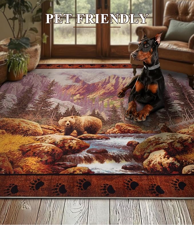 YIHOUSE Rustic Cabin Area Rug for Bedroom 8x10,Machine Washable Woodland Bear Rug,Non-Slip Low Pile Print Pattern Wildlife Rug for Living Room
