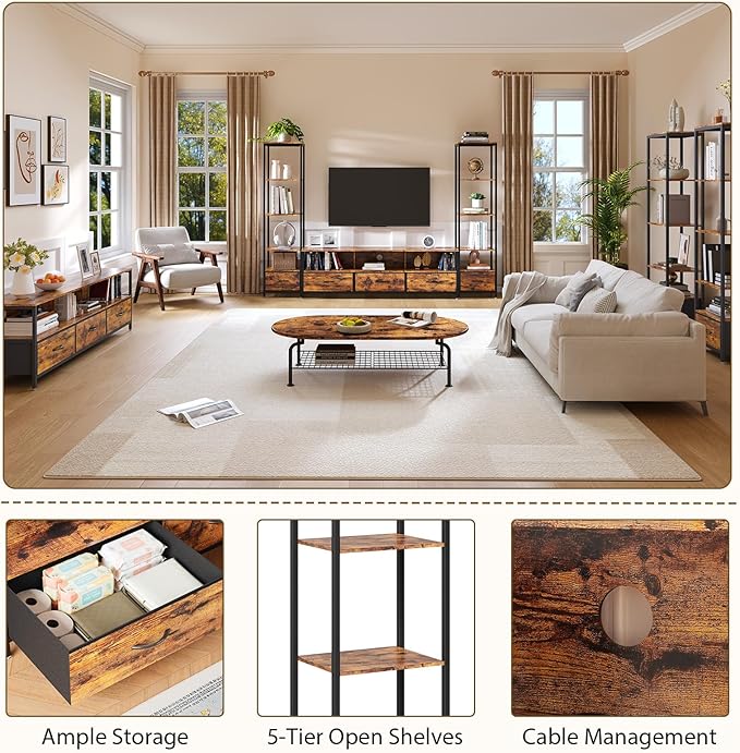 Entertainment Center with Storage, TV Stand for TVs Up to 70", with 5-Tier Bookshelf, 5 Fabric Drawers & Power Outlet, Modern LED TV Console Table, Media Center for Living Room Bedroom Home Office