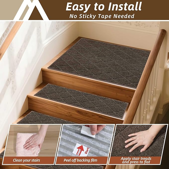 COSY HOMEER Edging Stair Treads Non-Slip Corner Indoor Stair Runners for Wooden Steps,Landing Slip Resistant Stair Rugs Mat for Kids and Dogs,100% Polyester TPE Backing,Brown,30x30 inch