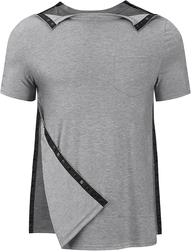 Men's Post Shoulder Surgery Recovery Shirts Tear Away Short Sleeve Full Open Side Snap Dialysis Chemo Clothing