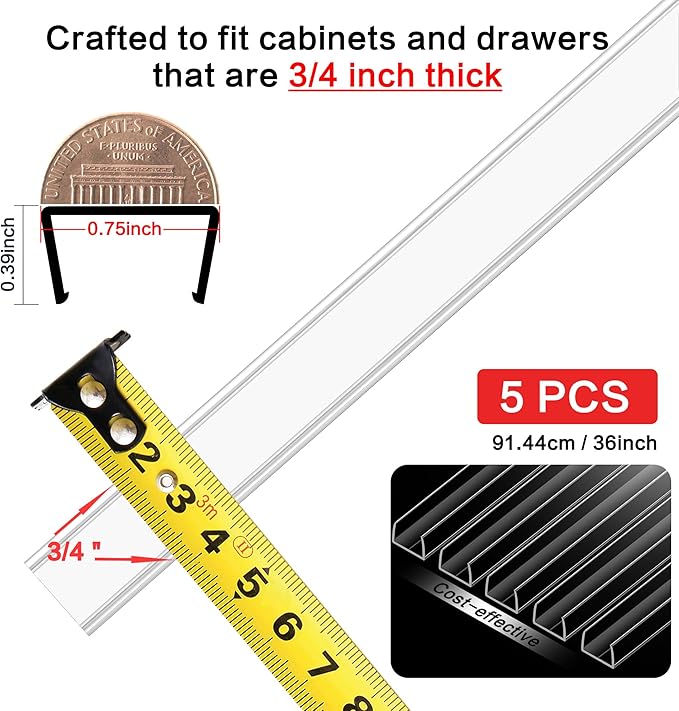 MONOID Drawer Edge Protector, Slip-On Clear Table Corners Guards, Door Kitchen Furniture Bumper, Prevent Wear, Impact Protection, Ease to Cut, 3/4" Thick, 36" Length – Clear, Pack of 5