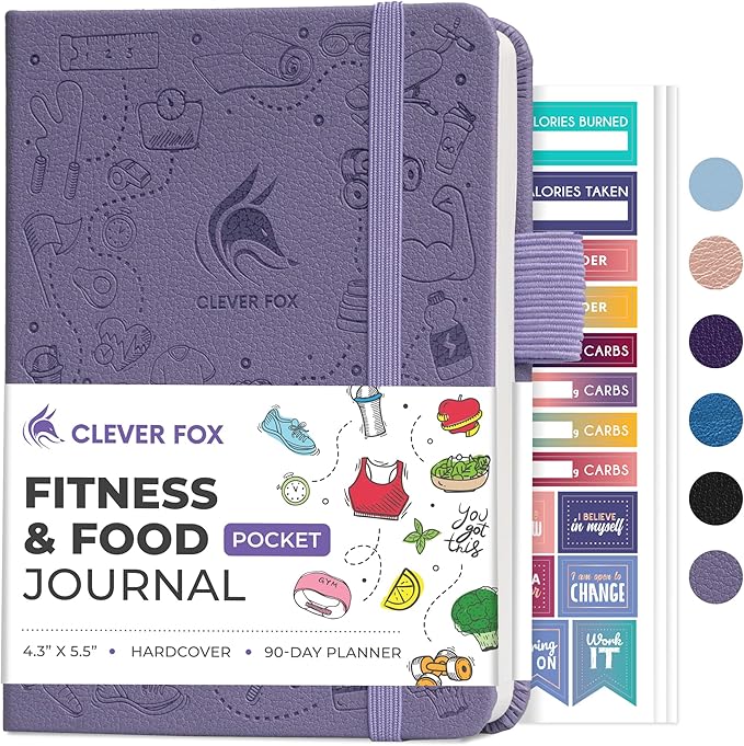 Clever Fox Fitness & Food Journal Pocket – Nutrition & Workout Planner for Women & Men – Diet & Gym Exercise Log Book with Calendars, Diet & Training Trackers – Lasts 3 Months, 4.3x5.5” (Lavender)