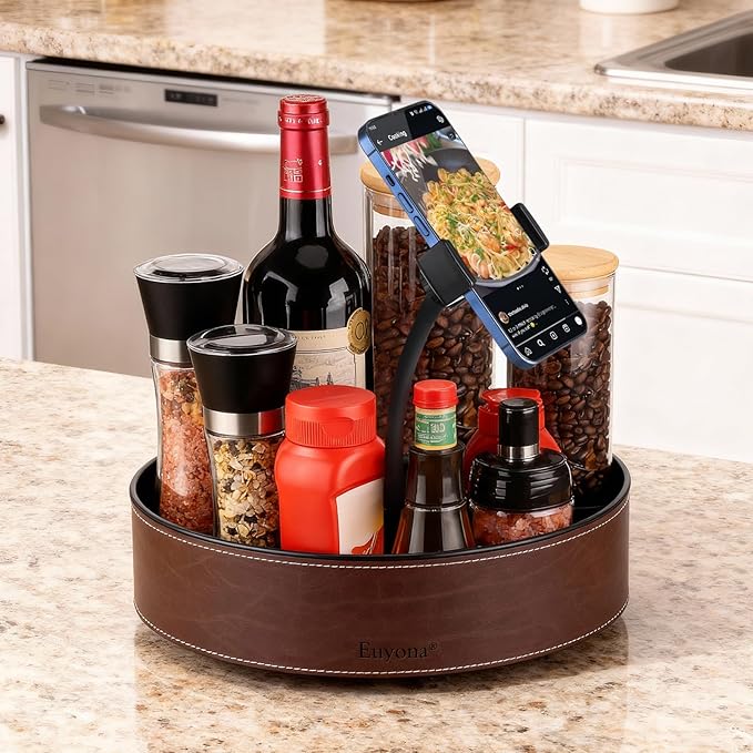 11.4 Inch Lazy Susan Turntable Organizer - 6 Removable Compartments with Phone Holder, 360° Rotating for Cabinet/Counter/Table. Spacious Storage for Food, Spices, Cosmetics & More.(Brown)