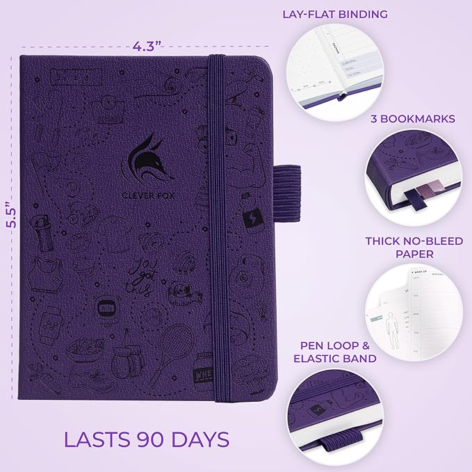 Clever Fox Fitness & Food Journal Pocket – Nutrition & Workout Planner for Women & Men – Diet & Gym Exercise Log Book with Calendars, Diet & Training Trackers – Lasts 3 Months, 4.3x5.5” (Purple)