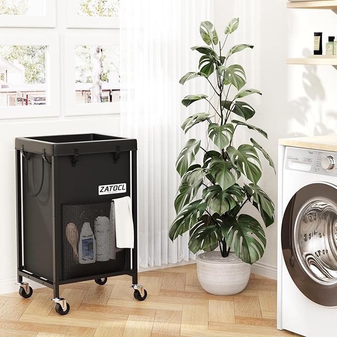 42 Gal Laundry Basket with Wheels, Heavy Duty Rolling Laundry Hamper, Oxford Fabric Dirty Clothes Hamper with Thick Iron Frame & Removable Bag, Large Hampers for Bathroom Bedroom Aesthetic, Black