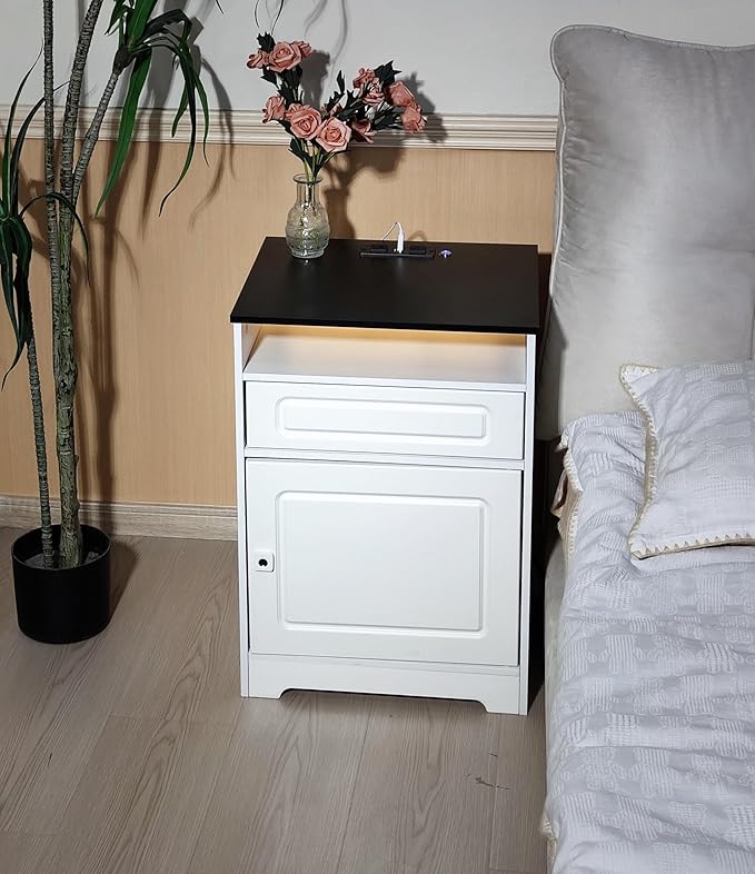 Night Stand with Charging Station,Fingerprint Lock Bedside Table with Drawers,Farmhouse End Table and Nightstand,Small Side Table for Bedroom,Living Room (White-with Fingerprint Lock, 1-Pcs)