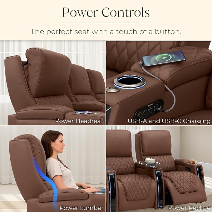 Seatcraft Apex Zero-Gravity CoolZero Italian Leather Home Theater Seating, Powered Headrest, Powered Lumbar, Powered Recline, Row of 2 Loveseat, Tobacco