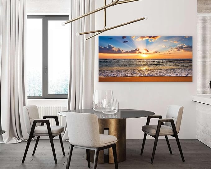 Muolunna BK1898 Wall Art Decor Large Canvas Print Picture Sunrise Ocean Beach 1 Panel Waves Scenery Painting Artwork for Office Wall Decor Home Decoration Stretched and Framed Ready to Hang