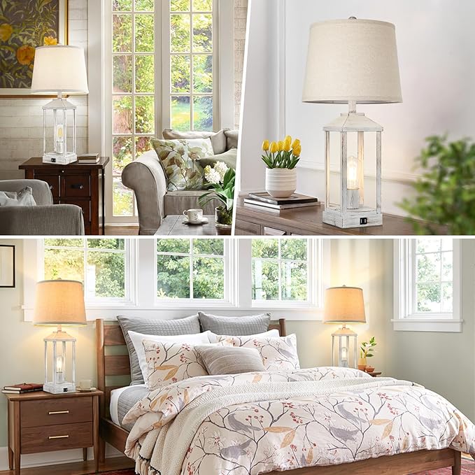 28" Bedside Table Lamp for Living Room, 3-Way Dimmable Touch Control Retro Nightstand Desk Lamp with 2 Light, White Rustic Farmhouse Lamp with USB Ports for Bedroom, Home, Office, 2 Bulbs Included
